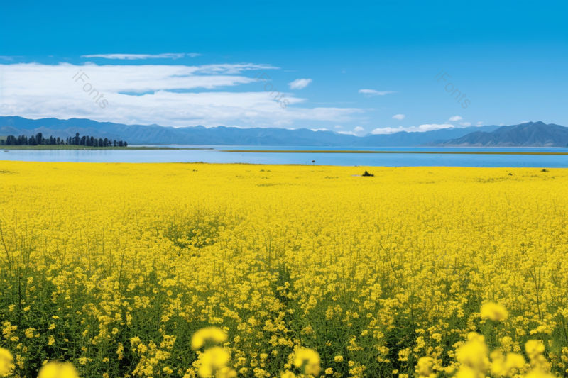 蓝天白云下远山湖面以及一大片黄色的油菜花海,高清,摄影图,摄影图片,图片大全,摄影图免费下载